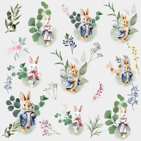 Foto de Patrón sin costuras de conejo lindo con flor diminuta - Imagen libre de derechos