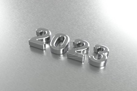 Numéros de l'acier inoxydable 2023 3d sur une surface métallique brossée, illustration de rendu 3d