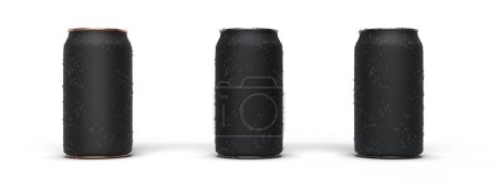 Foto de Vista frontal de 3 latas de cerveza con gotas de agua en la superficie. Ilustración de representación 3D - Imagen libre de derechos