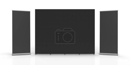 Foto de Black Exhibition Fabric Wall Banner Cloth Straight Display Stand isolated on a white background and 3d rendered for mockup and illustrations - Imagen libre de derechos