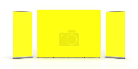 Téléchargez les photos : Yellow Exhibition Fabric Wall Banner Cloth Straight Display Stand isolated on a white background and 3d rendered for mockup and illustrations - en image libre de droit