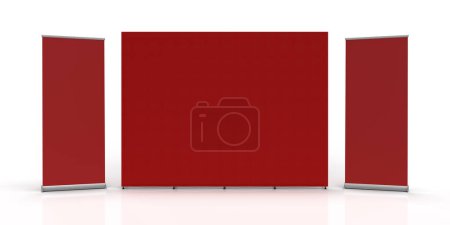 Téléchargez les photos : Red Exhibition Fabric Wall Banner Cloth Straight Display Stand isolated on a white background and 3d rendered for mockup and illustrations - en image libre de droit