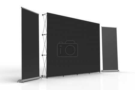 Téléchargez les photos : Black Exhibition Fabric Wall Banner Cloth Straight Display Stand isolated on a white background and 3d rendered for mockup and illustrations - en image libre de droit