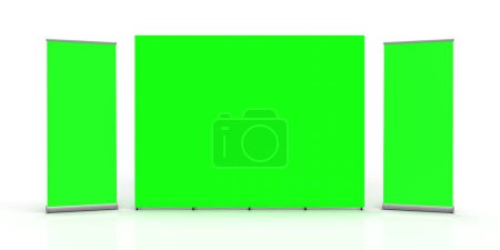 Téléchargez les photos : Green Exhibition Fabric Wall Banner Cloth Straight Display Stand isolated on a white background and 3d rendered for mockup and illustrations - en image libre de droit