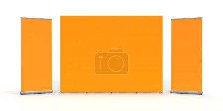 Téléchargez les photos : Orange Exhibition Fabric Wall Banner Cloth Straight Display Stand isolated on a white background and 3d rendered for mockup and illustrations - en image libre de droit