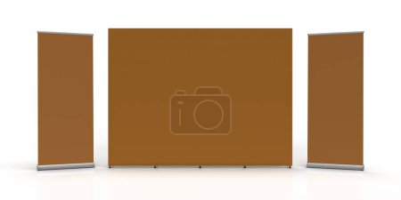 Téléchargez les photos : Brown Exhibition Fabric Wall Banner Cloth Straight Display Stand isolated on a white background and 3d rendered for mockup and illustrations - en image libre de droit