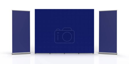 Téléchargez les photos : Blue Exhibition Fabric Wall Banner Cloth Straight Display Stand isolated on a white background and 3d rendered for mockup and illustrations - en image libre de droit