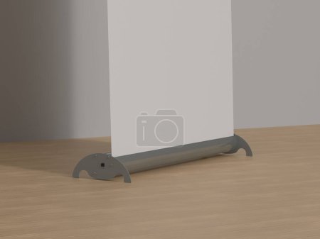 Foto de Primer plano Ilustración 3D de una base Pull Up Banner sobre un suelo de madera de pino laminado. - Imagen libre de derechos