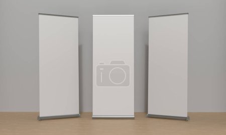 Foto de Set de 3 Roll Up Banners lado a lado frente a una pared gris y suelo laminado. Ilustración de renderizado 3D con espacio de copia para maquetas e ilustraciones. - Imagen libre de derechos