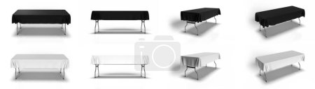 Verschiedene Ansichten einer halb fallenden Tischdecke, die in Schwarz und Weiß über einem Trestle Table drapiert ist. 3D Render illustration