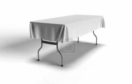 Perspektivische Ansicht eines isolierten Klapptisches auf Böcken, bedeckt mit einer 3d gerenderten weißen Tischdecke für Illustrationen und Attrappen.