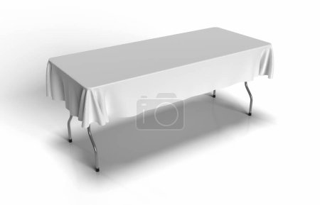 Event-Tischläufer, blanker weißer Stoff über einem Metalltisch und isoliert auf weißem Hintergrund. 3D-Darstellung