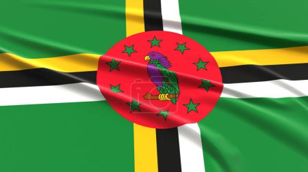 Dominica Flag. Drapeau dominicain texturé en tissu. Illustration 3D Render.
