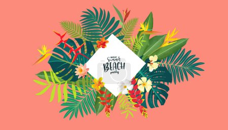 Photo for Tropical floral card, Hawaiian touch. Lush summer design, hibiscus, plumeria on peach color backdrop. Summer beach party illustration, greenery frame. Vacation parties modern template - Royalty Free Image