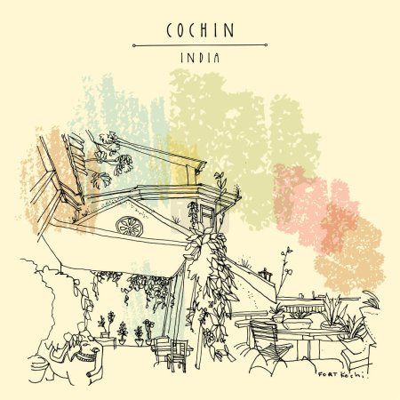 Illustration for Cochin (Kochi), Kerala, South India postcard. Seaside cozy cafe travel sketch drawing. Heritage building, tables  and tropical plants in the garden in Fort Kochi. Historical venue - Royalty Free Image