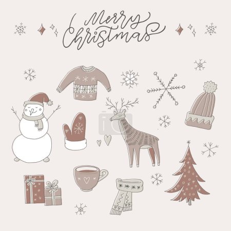 Ilustración de Set navideño vintage dibujado a mano. Ilustración festiva retro de un abeto, regalos, muñeco de nieve, renos, sombrero, copa, guante, suéter, bufanda y copos de nieve. Letras de mano, caligrafía moderna, colores terrosos - Imagen libre de derechos