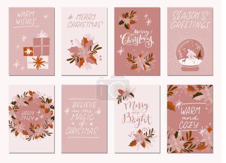 Set of Merry Christmas and Happy Holidays vintage hand drawn greeting cards, gift tags, postcards, posters in dusty pink neutral colors. Calligraphic Christmas typography artwork