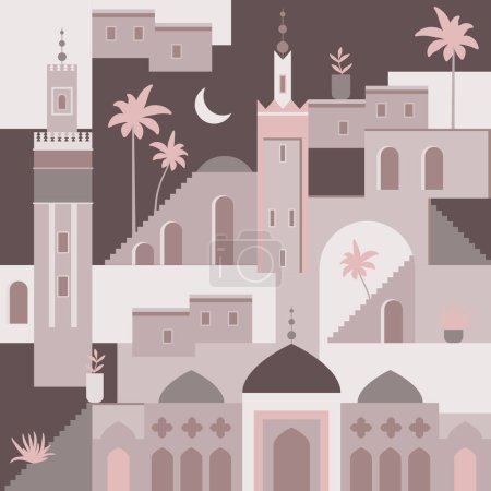 Téléchargez les illustrations : Illustration vectorielle abstraite du Moyen-Orient plat. Modèle d'architecture sans couture. Le Maroc a inspiré le papier numérique avec mosquée, tour, maison, plantes, palmiers. Ramadhan motif géométrique de voyage - en licence libre de droit