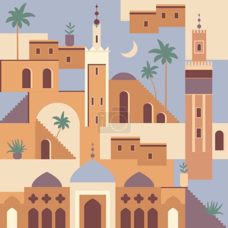 Illustration for Abstract Middle Eastern town flat illustration. Seamless architecture pattern. Morocco inspired digital paper with mosque, tower, house, plants, palm trees. Ramadhan travel seamless pattern - Royalty Free Image