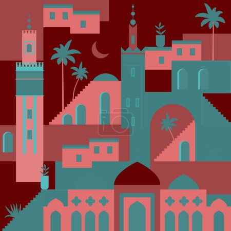 Illustration for Vector abstract Middle Eastern town flat illustration. Seamless architecture pattern. Morocco inspired digital paper with mosque, tower, house, plants, palm trees. Ramadhan travel geometric pattern - Royalty Free Image