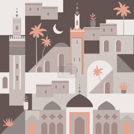 Ilustración de Vector abstracto ilustración plana de la ciudad de Oriente Medio. Patrón de arquitectura sin costuras. Marruecos inspiró papel digital con mezquita, torre, casa, plantas, palmeras. Ramadhan patrón geométrico de viaje - Imagen libre de derechos