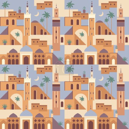 Téléchargez les illustrations : Abstract Middle Eastern town flat illustration. Seamless architecture pattern. Morocco inspired digital paper with mosque, tower, house, plants, palm trees. Ramadhan travel seamless pattern - en licence libre de droit