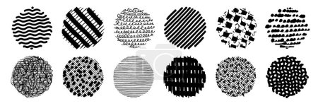 Illustration for Hand drawn round doodle squiggles. Artistic design elements, social media highlights. Doodle sketch patterns in circles. Pen and marker lines, strips, stripes, waves and curves for your design - Royalty Free Image