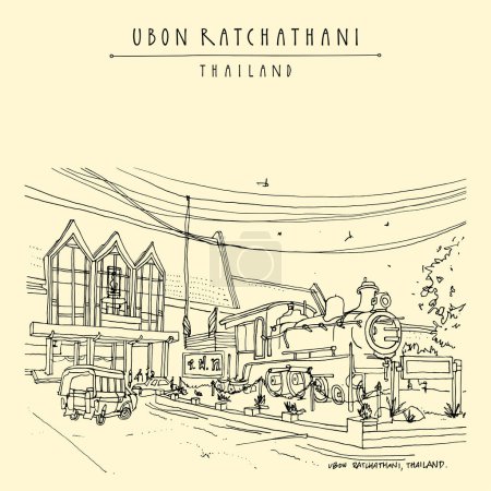 Illustration for Ubon Ratchathani, Thailand postcard. Train station and old locomotive. Historical buildings in Ubon Ratchathani province in Northeastern Thailand (Isan, Esan). Travel sketch. Hand drawn vintage poster - Royalty Free Image