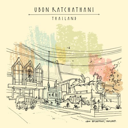 Illustration for Ubon Ratchathani, Thailand postcard. Train station and old locomotive. Historical buildings in Ubon Ratchathani province in Northeastern Thailand (Isan, Esan). Travel sketch. Hand drawn vintage poster - Royalty Free Image