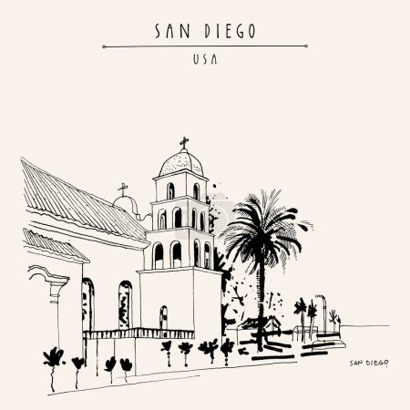 Téléchargez les illustrations : San Diego, California, USA postcard. Immaculate Conception Catholic Church. Hand drawn old town church and palm tree vintage touristic postcard or poster - en licence libre de droit