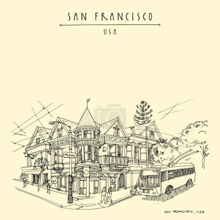 Ilustración de San Francisco, California, USA vintage hand drawn postcard or poster. Trolleybus on the route in the streets of the old town - Imagen libre de derechos