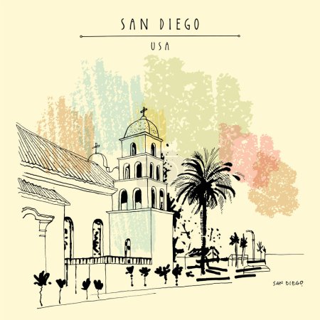 Téléchargez les illustrations : San Diego, California, USA postcard. Immaculate Conception Catholic Church. Hand drawn old town church and palm tree vintage touristic postcard or poster - en licence libre de droit