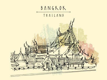 Ilustración de Bangkok, Thailand, Asia postcard in retro style. Wat Suthat Buddhist temple in the Thai capital Krung Thep Maha Nakhon (Bangkok). Travel sketch. Vintage artistic hand drawn touristic postcard - Imagen libre de derechos