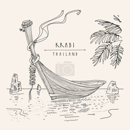 Illustration for Krabi, Thailand postcard. Beautiful long-tail boats in Krabi province in Andaman sea. Coastal summer paradise destination in Asia. Palm tree leaves. Travel sketch. Hand drawn vintage poster - Royalty Free Image