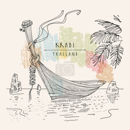 Illustration for Krabi, Thailand postcard. Beautiful long-tail boats in Krabi province in Andaman sea. Coastal summer paradise destination in Asia. Palm tree leaves. Travel sketch. Hand drawn vintage poster - Royalty Free Image