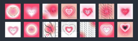 Ilustración de Valentine's Day greeting cards in gradient colors with hearts. Collection of modern y2k aesthetic printable quirky typography designs. Soft feminine vintage feel. Aura print templates - Imagen libre de derechos