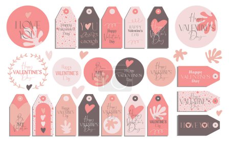 Téléchargez les illustrations : Valentine's Day gift tags, stickers, printables in cute pinky colors with hearts. Collection of modern neutral boho aesthetic printable quirky typography designs. Soft feminine vintage feel - en licence libre de droit