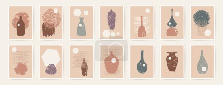Illustration for Aesthetic wall hygge pots, jugs, vases abstract hand drawn wall art poster prints. Danish design neutral natural colors. Kitchen wall prints. Mid Century Modern design. Posters art illustration - Royalty Free Image