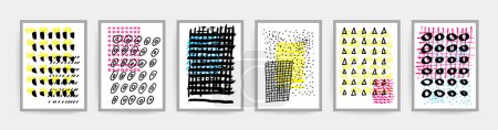 Illustration for Artistic collection of abstract hand drawn creative posters. Set of geometric room decor abstractions. Brush strokes and marker lines. Contemporary wall art - Royalty Free Image