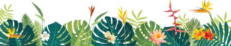 Téléchargez les illustrations : Hawaiian Balinese Rainforest Summer luxuriante jungle exotique laisse bannière carrée frontière inférieure. Carte de voeux de mariage Aloha été Monstera, design d'invitation. Carte postale des plantes exotiques tropicales - en licence libre de droit