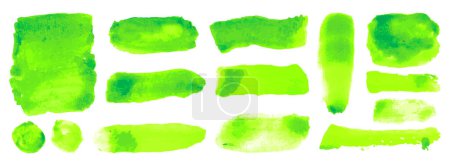Illustration for Green watercolor bio, organic, natural, eco friendly backgrounds. Hand-painted may green design elements, badges, labels, stains, shapes, text boxes. Bright fresh grass color - Royalty Free Image