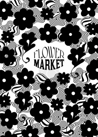 Téléchargez les illustrations : Flower Market groovy psychedelic poster. Trippy graphic design template. Retro style backdrop. Cool fun positive vibes funky geometric hippie psychedelia background - en licence libre de droit