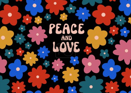 Peace and Love blumig grooviges psychedelisches Poster. Trippelige Hippie-60er-Grußkarte. Gesättigte Farben. Abstrakter floraler Hintergrund. Bunte Blumen positive Stimmung funky Hippie-Nostalgie-Postkarte
