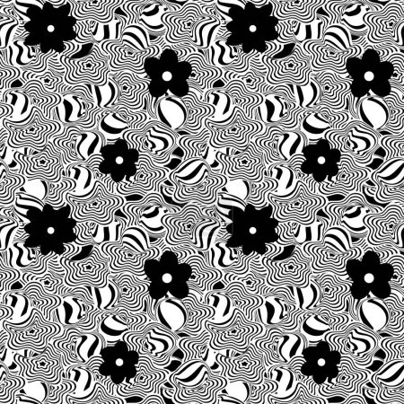 Illustration for Psychedelic seamless background. Trippy flower black white graphic design. Psy trance poster seamless pattern. Cool fun positive vibes funky geometric hippie psychedelia floral digital paper - Royalty Free Image
