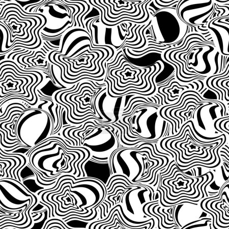 Illustration for Psychedelic seamless background. Trippy black and white graphic design template. Psy trance poster seamless backdrop. Cool fun positive vibes funky geometric hippie psychedelia endless pattern - Royalty Free Image