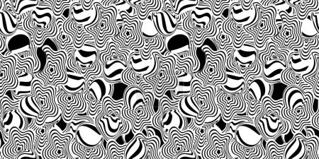 Téléchargez les illustrations : Psychedelic seamless background. Trippy black and white graphic design template. Psy trance poster seamless backdrop. Cool fun positive vibes funky geometric hippie psychedelia endless pattern - en licence libre de droit