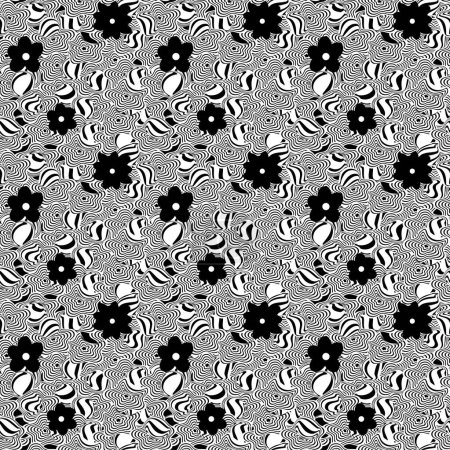 Illustration for Psychedelic seamless background. Trippy flower black white graphic design. Psy trance poster seamless pattern. Cool fun positive vibes funky geometric hippie psychedelia floral digital paper - Royalty Free Image