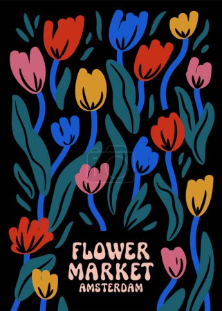 Illustration for Flower Market Amsterdam wall art poster. Groovy Danish design. Simple contemporary tulip flower market room decor. Colorful flowers kitchen decoration. Funky touristic souvenir artistic minimal print - Royalty Free Image