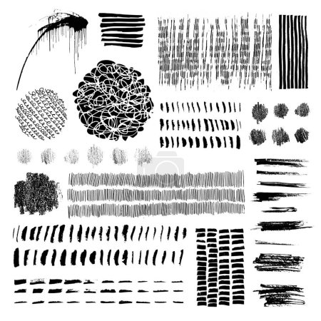 Illustration for Set of grungy hand drawn textures. Lines, circles, liquid paint, smears, spirals, waves, brush strokes, patterns, information boxes. Hand drawn elements collection for your graphic design - Royalty Free Image