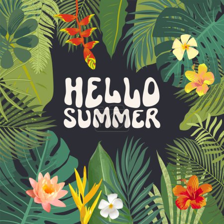 Illustration for Hello Summer greeting card. Bright tropic jungle Hawaiian postcard. Summer season flyer template. Summertime Bali Thailand vacation botanical design. Tropical forest leaves flowers elements - Royalty Free Image